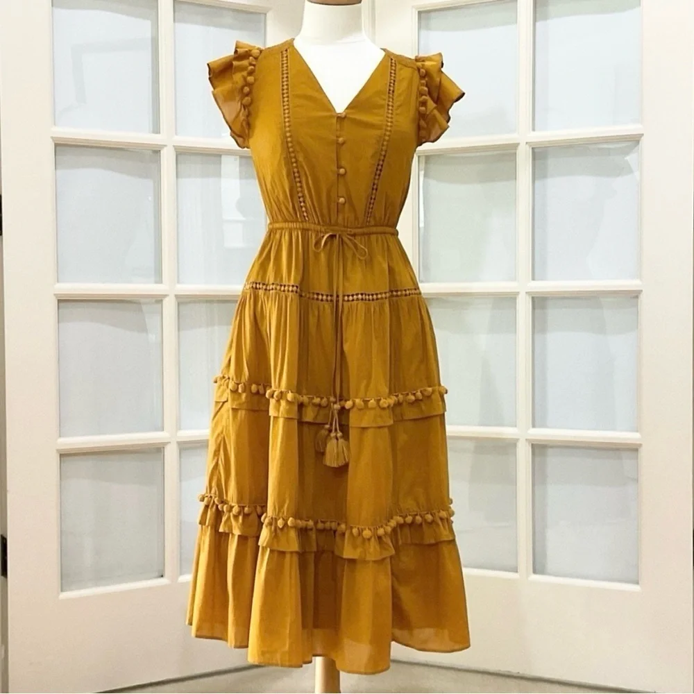J.CREW | POINT SUR TIERED FLUTTER RUFFLE POM POM MIDI DRESS IN YELLOW SIZE 2